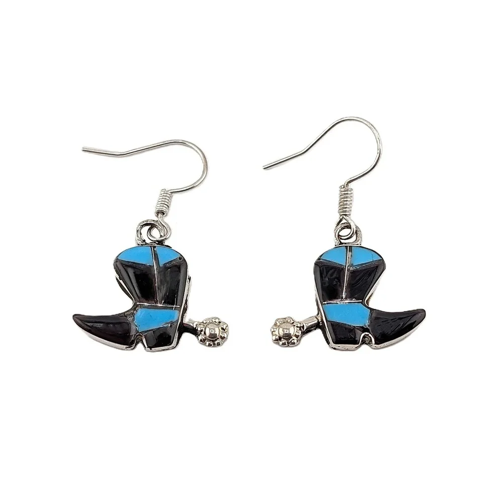 Zuni Silver Cowboy Boot Earrings Turquoise Inlay Western Dangle Signed K Quam **